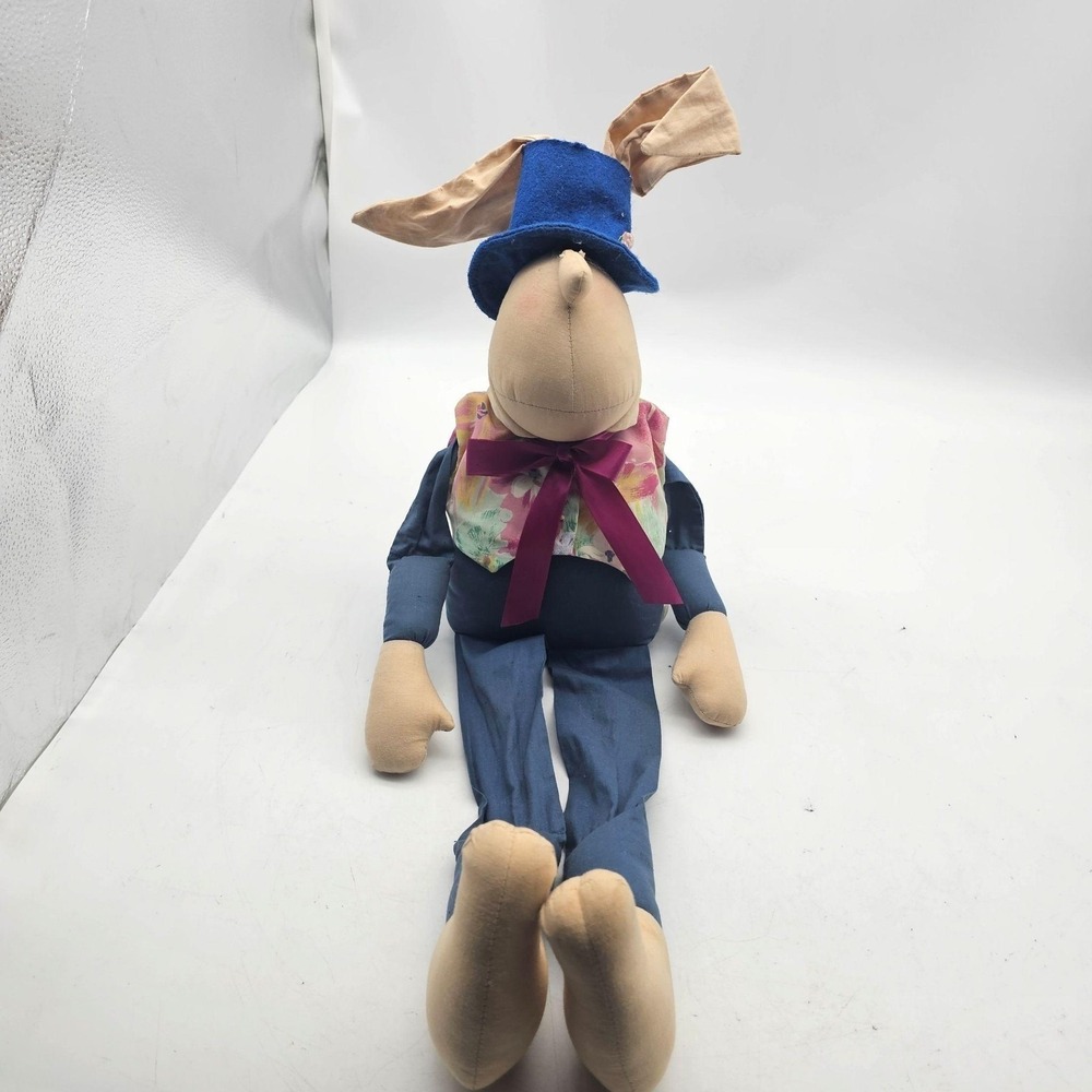 Vtg Overly Raker Bunny Rabbit Plush Stuffed Animal Toy 24" Blue Hat Easter Decor